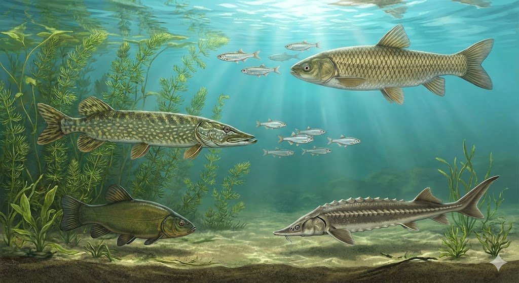 Tvenkinio ekosistemos pjūvis: lydeka medžioja saulažuves, dugne maitinasi lynai ir eršketas, viršuje plaukioja amūras.