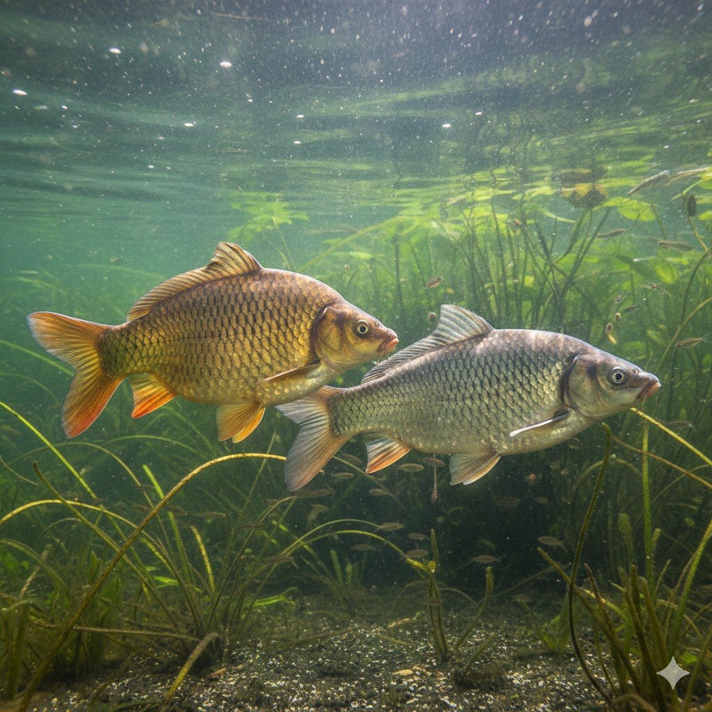 Karosų auginimas tvenkinyje – auksinis ir sidabrinis karosai po vandeniu.