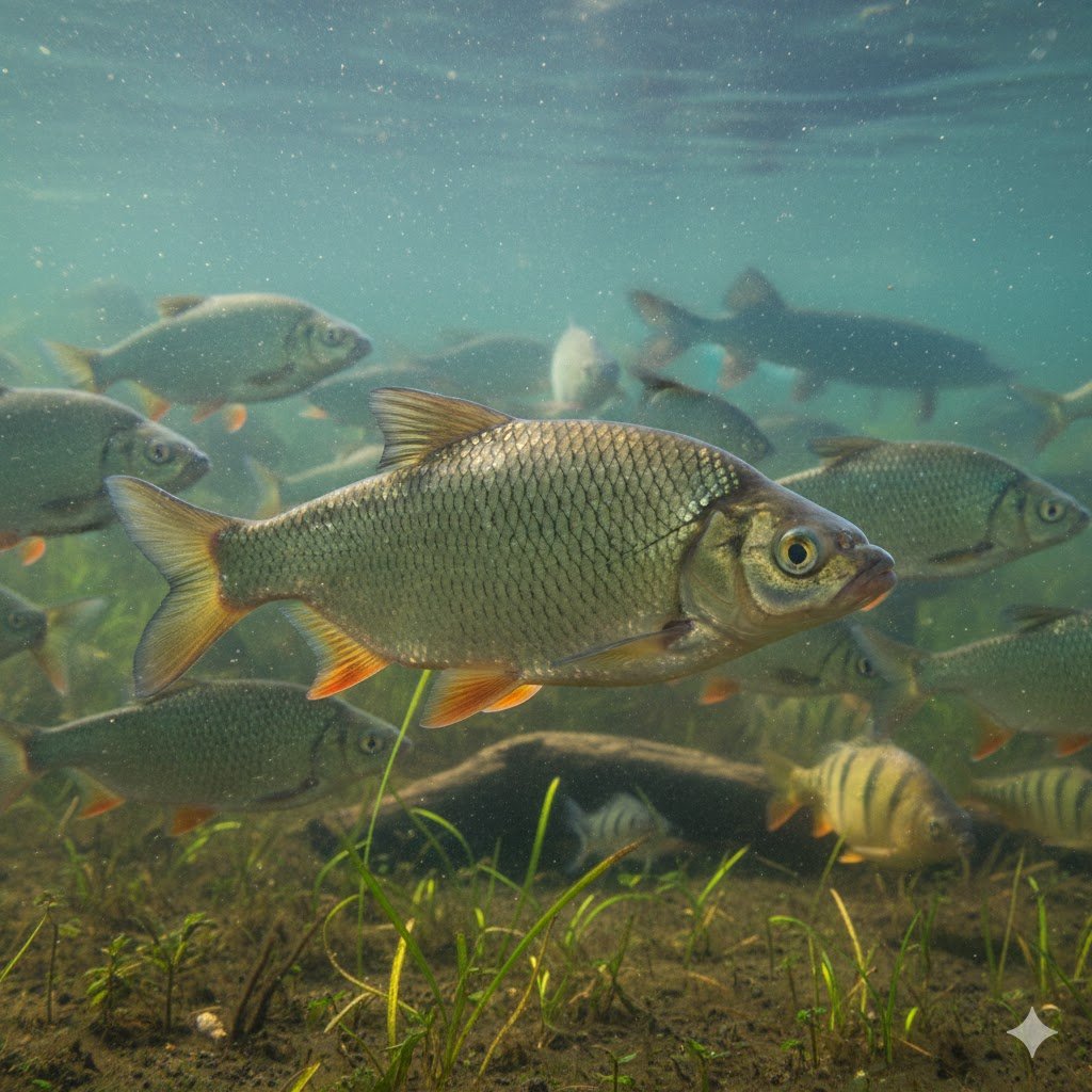 Plakis (Blicca bjoerkna) plaukiojantis tvenkinio vandenyje. Matomi sidabriniai aukšto kūno šonai, didelės akys ir gelsvi arba rausvi krūtinės bei pilvo pelekai, skiriantys jį nuo karšio.