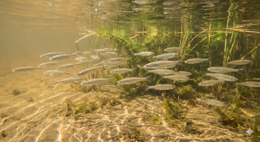 Saulažuvė būriuojasi tvenkinio pakraštyje prie vandens augalų.