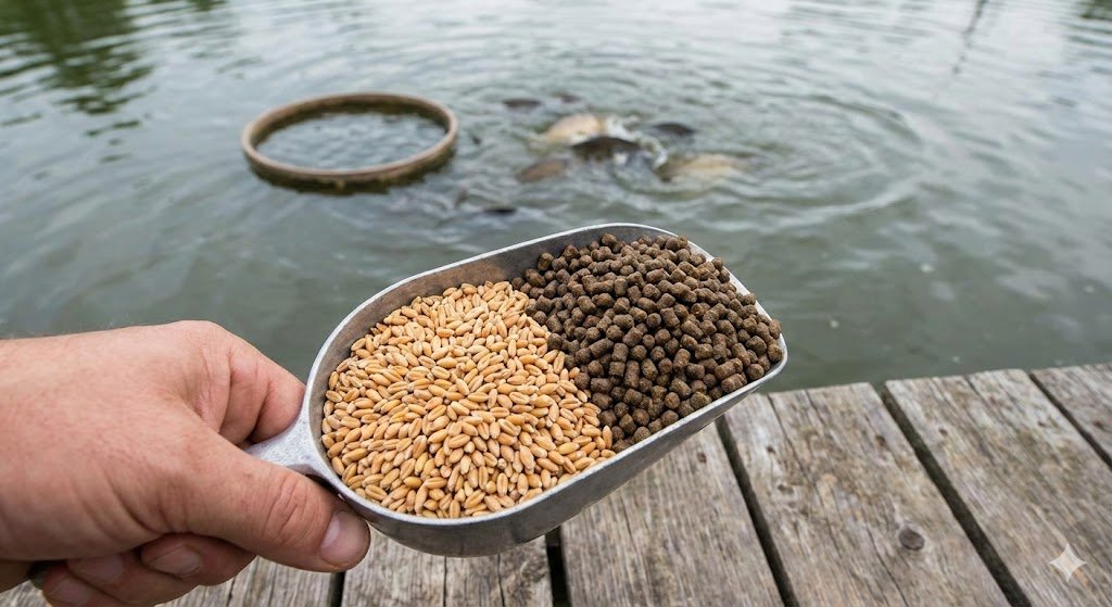 Žuvų šėrimas tvenkinyje: Grūdai vs. Granulės – kas labiau apsimoka?