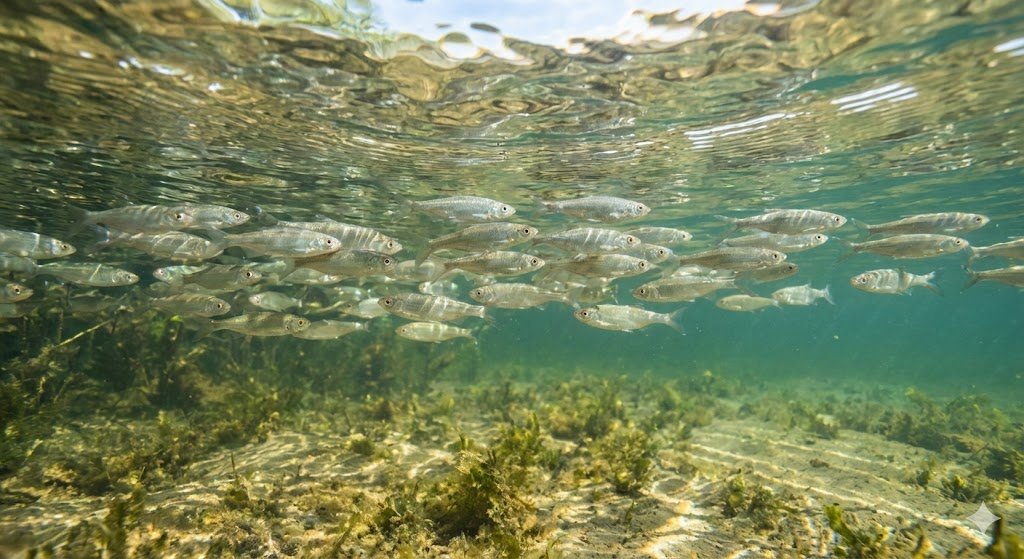 Paprastųjų aukšlių tvenkinyje būrys plaukia viršutiniame vandens sluoksnyje tarp augalų.