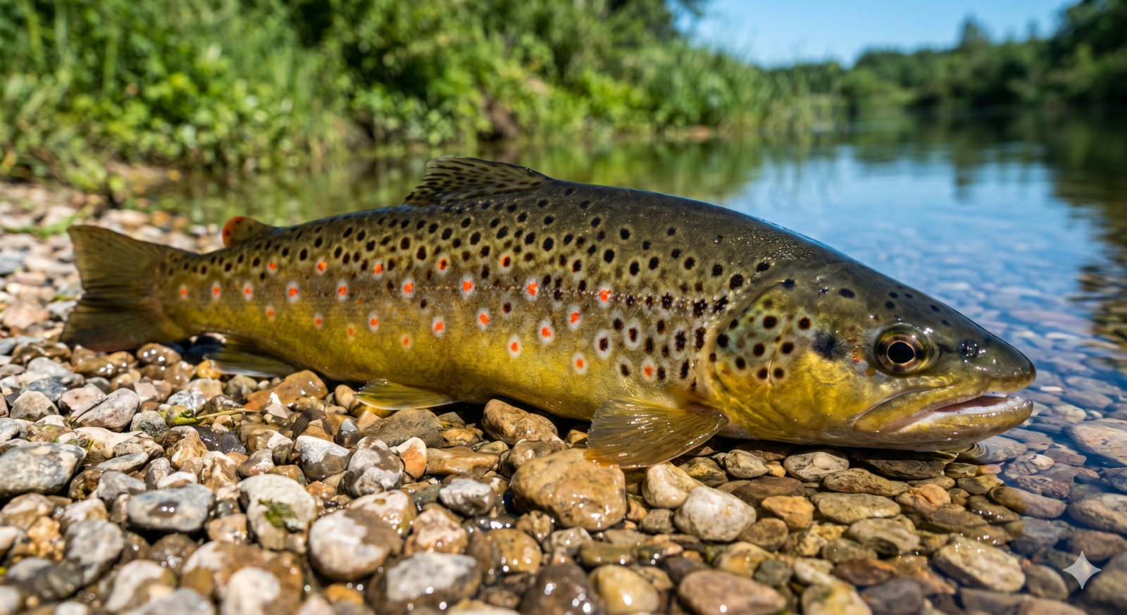 Margasis upėtakis (Salmo trutta fario) ant tvenkinio kranto žvyro.