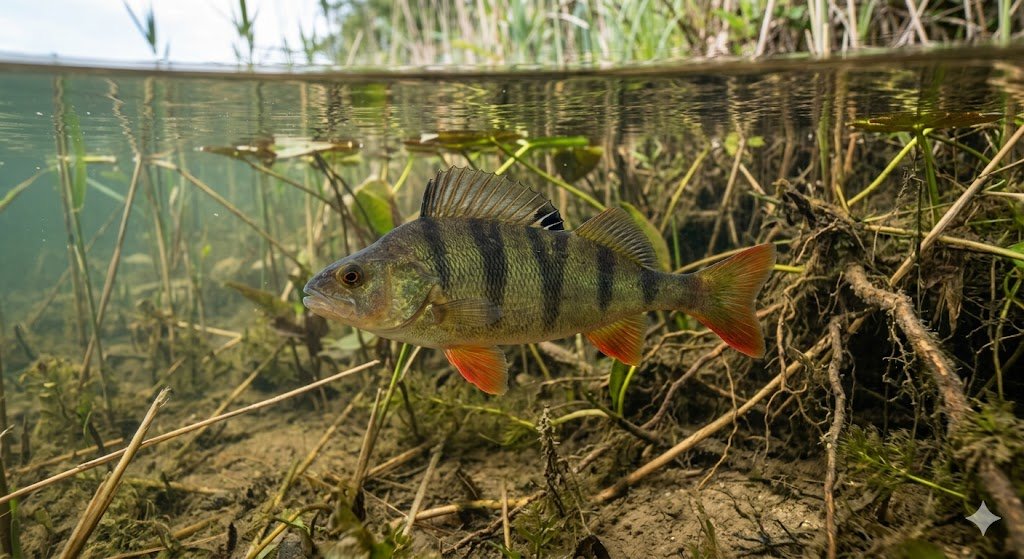 Paprastasis ešerys tvenkinyje plaukia šalia pakrantės augmenijos, matosi būdingos skersinės juostos ir raudoni pelekai