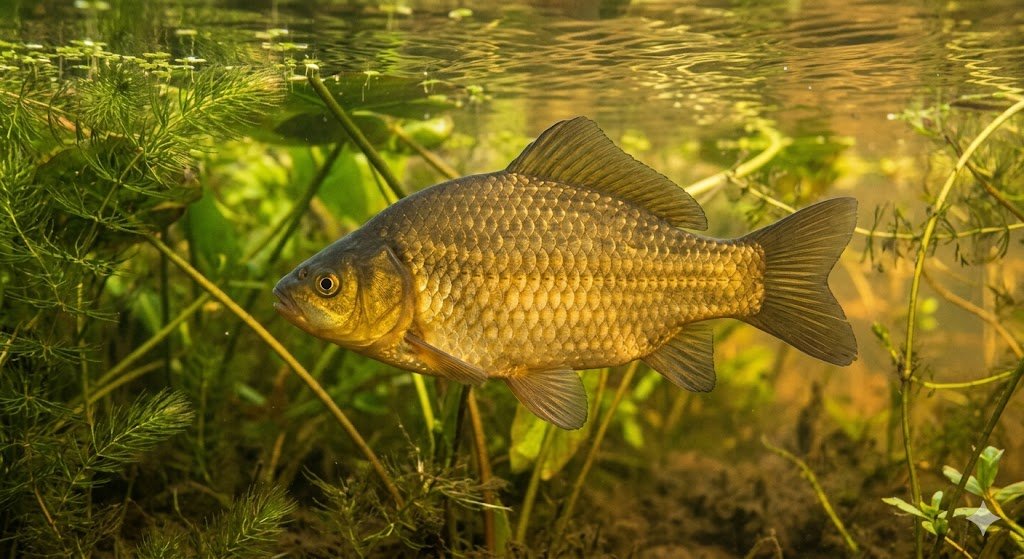 Paprastasis auksinis karosas su bronziniais šonais plaukioja prie tvenkinio augmenijos
