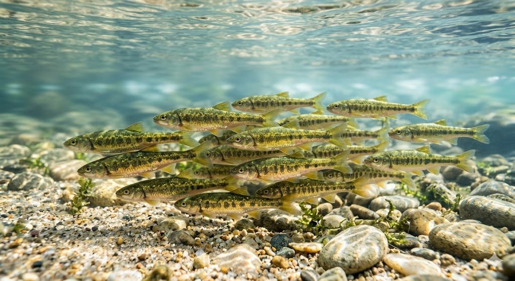 Rainių būrys plaukioja sraunaus upelio rėvoje su akmenuotu dugnu