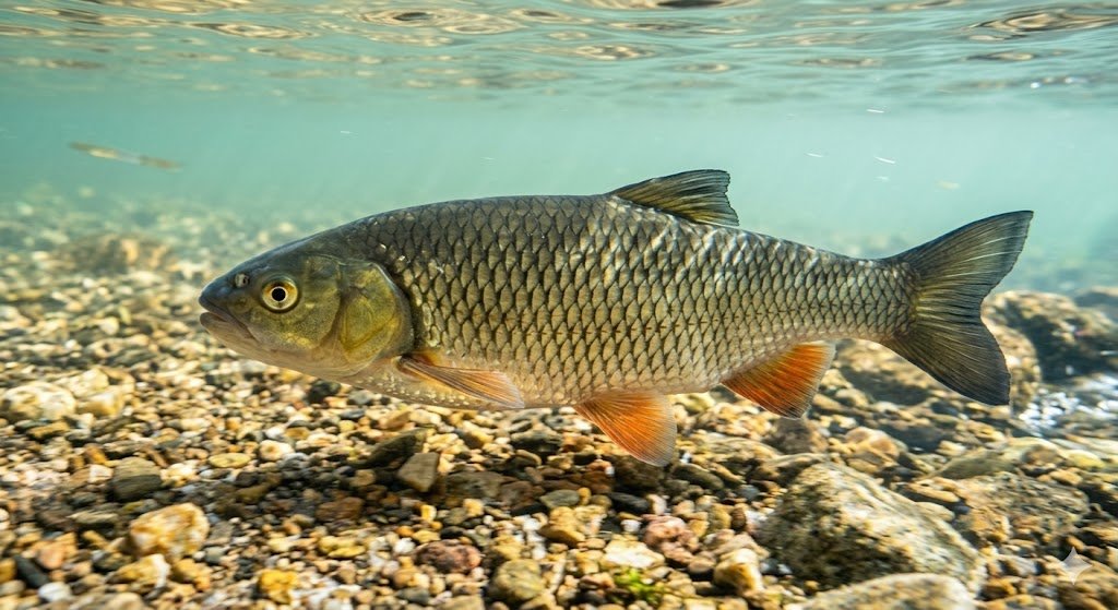 Šapalas plaukioja sraunioje upės rėvoje su žvirgždo dugnu vasaros dieną