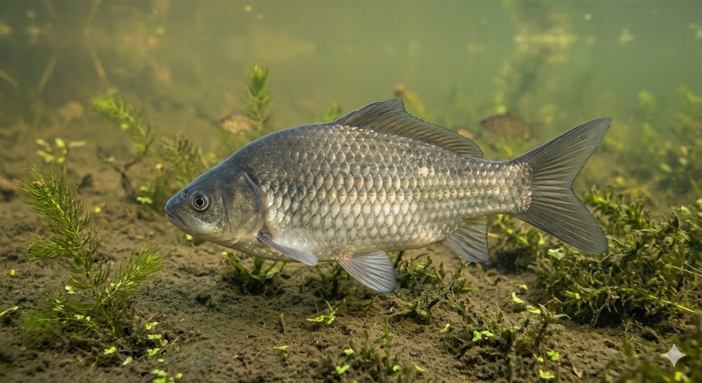 Sidabrinis karosas plaukioja virš dumblo tvenkinio dugne tarp povandeninių augalų