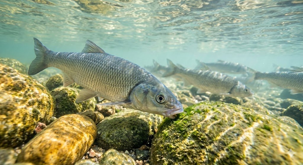 Skersnukis su apatine kremzline lūpa nugramdo dumblius nuo akmens upės dugne