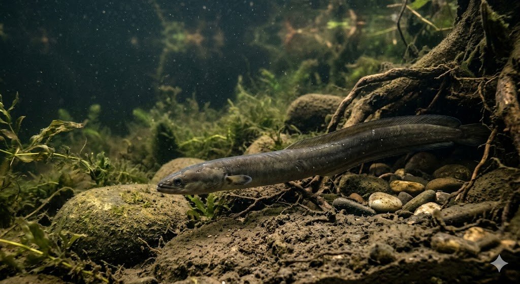 Suaugęs tamsiai pilkas ungurys tvenkinio dugne tarp akmenų prieblandoje vasarą