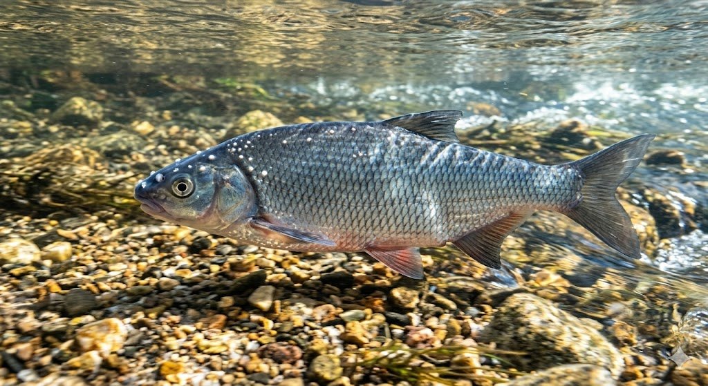 Žiobris su neršto karpomis upės sraunumoje ant žvirgždo dugno pavasarį