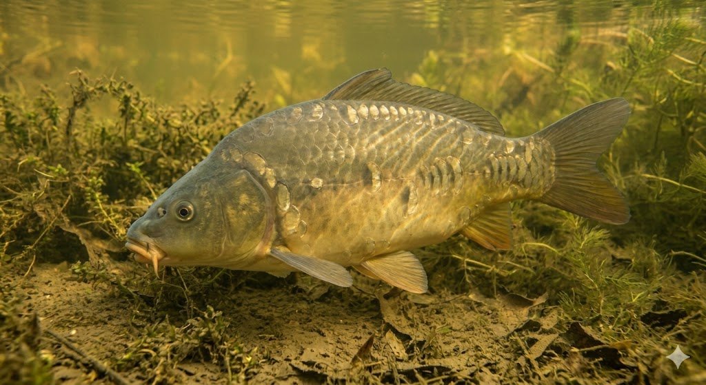 Karpio ir karoso hibridas maitinasi tvenkinio dugne tarp organinių nuosėdų