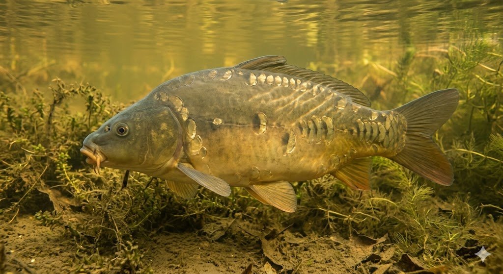Suaugęs veidrodinis karpis su retais stambiais žvynais šonuose šilto tvenkinio vandenyje